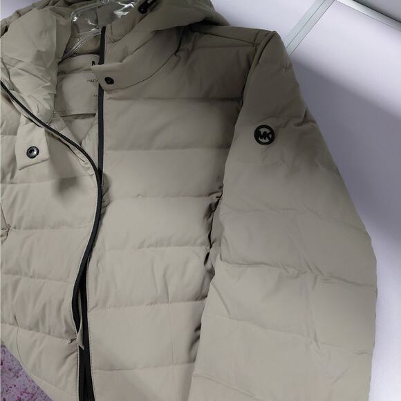 Michael Michael Kors Womens Down Puffer Jacket Coat Large Taupe Hooded Packable - Picture 11 of 13